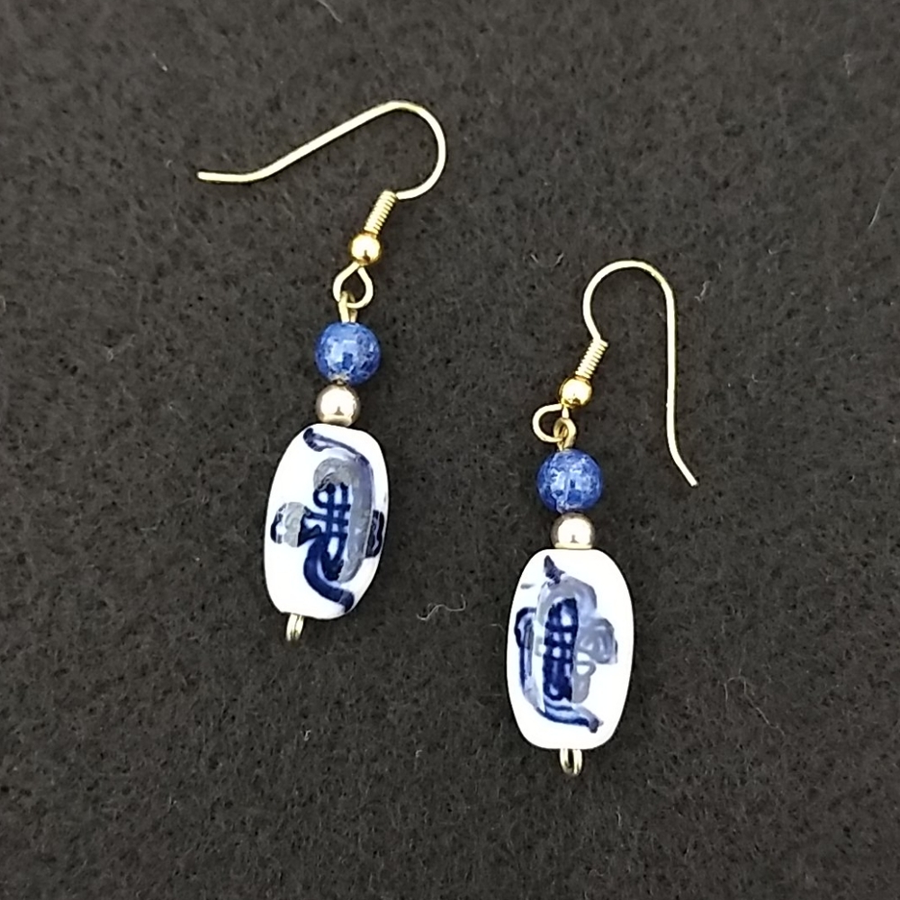 Blue and White China Earrings